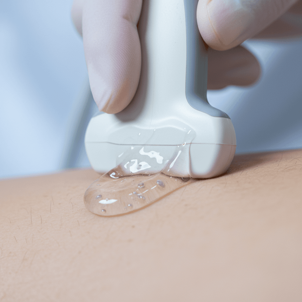 Detalhe de aplicação de gel e transdutor para exame ultrassonográfico
